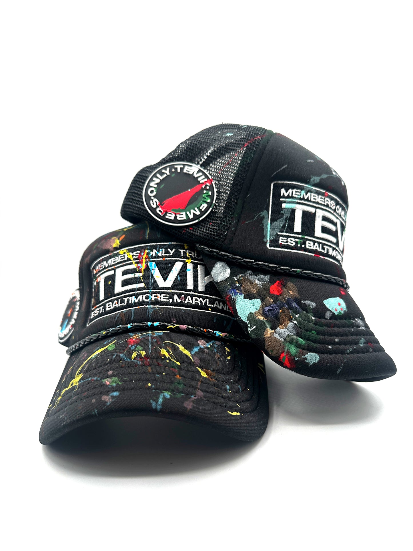 BLACK & WHITE PAINTED TRUCKER HAT